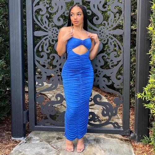 WJFZQM Strapless Pleated Hollow Out Summer Long Dress Women Off Shoulder Backless Sexy Bodycon Club Party Maxi Dresses for Women