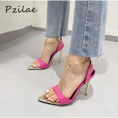 Pzilae 2021 New Summer Shoes Women Sexy Pointed Toe Metal High Heels Pumps Concise Ankle Chain Buckle Strap Ladies Sandals 35-42