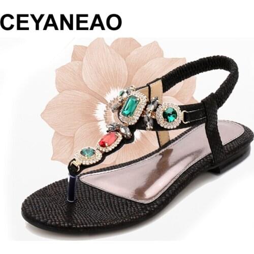 CEYANEAOLadies flat thongs shoes Elastic band Rome style sandals zapatos mujer women gladiator Crystal sandalias plus size