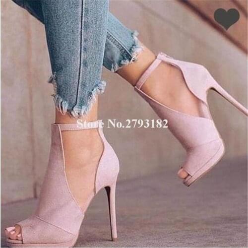 Ladies Charming Pink Suede Peep Toe Cut-out Thin Heel Pumps Back Zipper-up High Heels Formal Dress Shoes Party Shoes