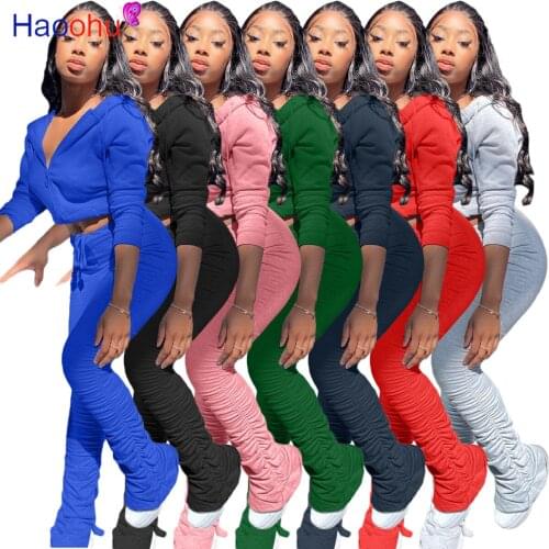 Active Wear Solid Hooded Two Piece Set Women 2020 Autumn Long Sleeve Zipper Crop Top+stacked Pant Streetwear Sporty Matching Set