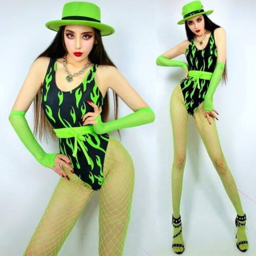 Green Fire-Print Bodysuit Women Jazz Dance Costume Nightclub Gogo DJ DS Pole Dance Clothing Group B Performance Wear DNV14888