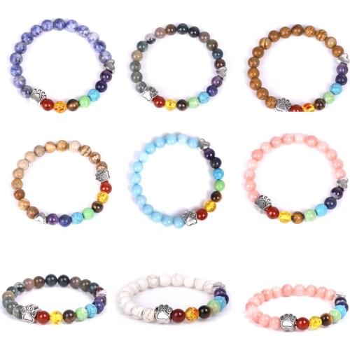 8mm Seven Chakra Stone Beads Bracelets Dog Cat Footprint Paw Heart Charms Bracelet Pet Lover Strench Jewelry Hit