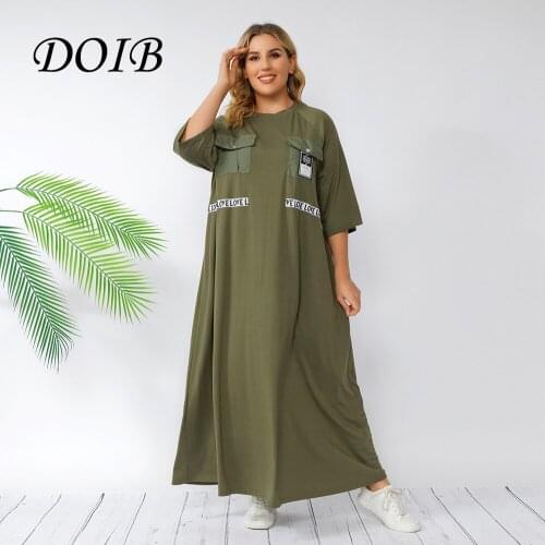 DOIB Women Army Green Dress Plus Size Pocket Decoration Half Sleeve Loose Casual Long Dress 2021 Summer Dress