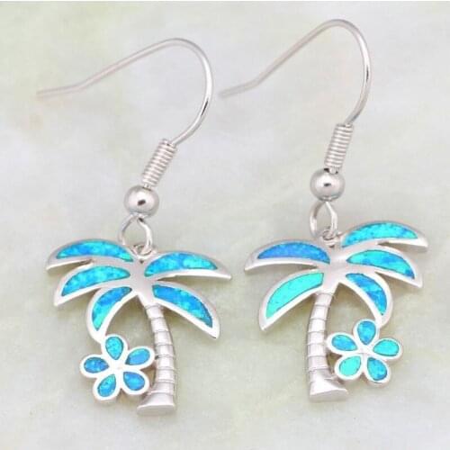 Elegant Leaf Flower Hook Drop Earring Fashion Blue Opal Drop Earrings for Women Silver Color Boho Wedding Party Jewelry Gift