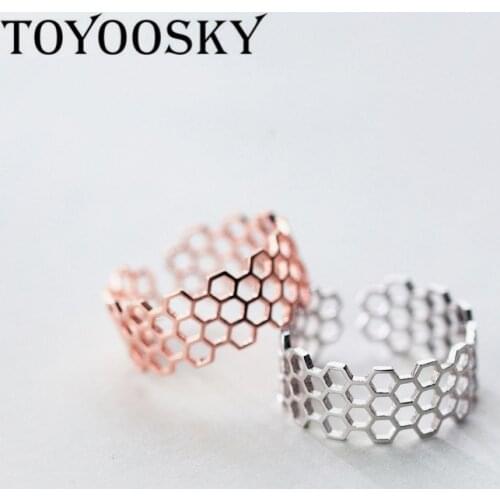 TOYOOSKY Elegant Lady Hollow Honeycomb Shape Adjustable Rings New S925 Silver Jewelry Open Ring Women