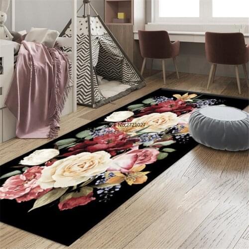 European Style Retro Black Flower Carpet Kitchen Luxury Floral Cushion In The Bathroom Nordic Bedside Cushion Doormat