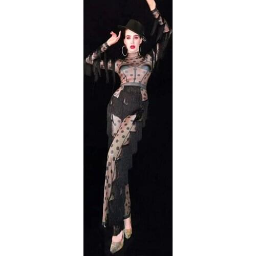 GOGO Dance Wear Black Nude Fringe Jumpsuit Womens Prom Roupa Feminina Big Leggings Outfit Bar Women Singer Stage Clothes L3060
