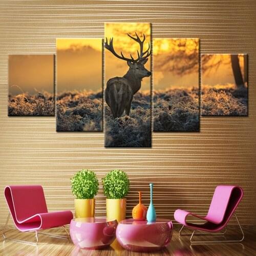 HD Wall Art Printed Canvas Home Decor Living Room 5 Pieces Sunshine Forest Trees Animal Deer Landscape Posters Painting Frame