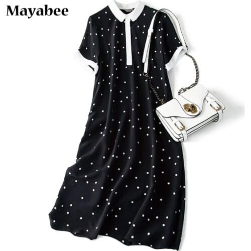 Contrasting Polka Dot POLO Silk Short-Sleeved Loose Mid-Length Dress 2021 Spring And Summer New
