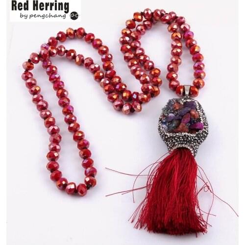 Fashion Bohemian Tribal Jewelry Long Crystal Glass Knotted Natural Druzy & Tassel Pendant Necklaces For Women Ethnic Necklace