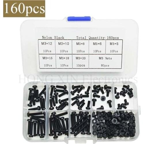 160Pcs M3 Stand-off Nylon Screws Bolt Nuts Assortment Kit Fastener Black or White Nylon Screw Nut Set 8 Sizes