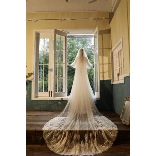 New Design Wedding Veil Pearls Champange Gold Bridal Applique Lace Edge Two Layers Long Bride Veils With Comb Bridal Accessories