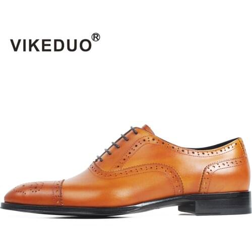 VIKEDUO 2020 New Brogue Handmade Oxford Shoes Mens Genuine Cow Leather Wedding Office Patina Dress Shoes Formal Footwear