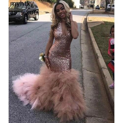 2020 New African Black Girls Sequined Pink Sexy Prom Dress Rose Gold Formal Wear Evening Party Gown Plus Size Elegant Ballgown