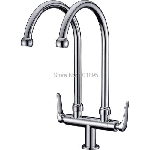 Luxury Deck and Wall Mounted Chrome Color Brass Material Double Handle and Double Spout of Kitchen Sink Faucet