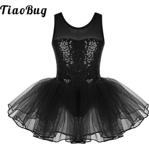 TiaoBug Children Sleeveless Stretchy Mesh Splice Sequins Ballet Gymnastics Leotard Tutu Dress Kids Girls Lyrical Dance Costumes