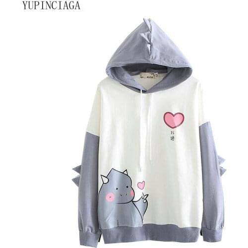 Women Cartoon Dinosaur Print Funny Hoodies Sweatshirt With Horns Harajuku Hooded Teens Cotton Tracksuit Casual Loose Pullovers