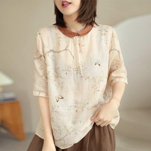 Elegant Peter Pan Collar Women Cotton Linen Tops Shirts Vintage Turn-down Collar Short Sleeve Print Floral Blouses 2021 Summer