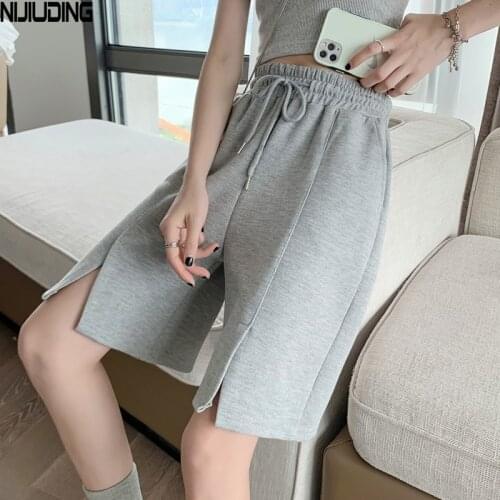 Women Solid Sports Middle Length Shorts High Waist Wide Leg Pants Female Casual Summer Outfit Elastic Waist Shorts With Pockets