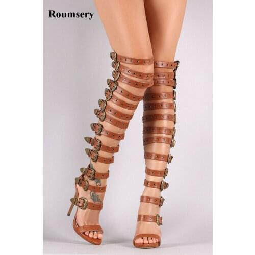 2017 New Design Women Fashion Open Toe Buckle Design Over Knee Gladiator Boots Straps Cut-out High Heel Boots Dress Shoes