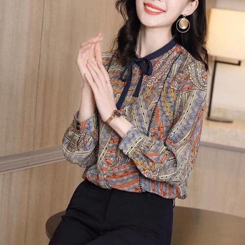 Womens Spring Summer Style Silk Blouses Shirts Womens Bow Printed Long Sleeve Elegant Korean Tops SP552