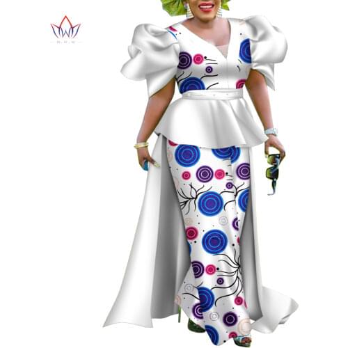 2 Pcs Sets Puff Sleeve Women Skirt Set Dashiki Bazin Riche Tops and Skirt Sets for Women African Party Women Clothing WY8100