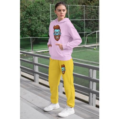 Angemiel Wear Entel Zombie Women Tracksuit Set Pink Hooded Sweatshirt With Yellow Sweatpants