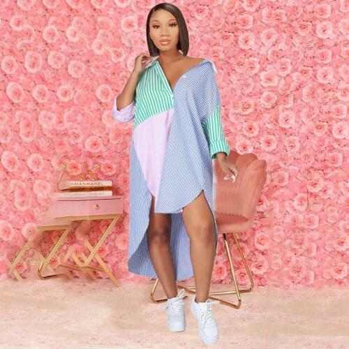 Contrast Color Striped Print Irregular Dress Women Long Sleeve Single-breasted Shirt Dresses Chic Side High Split Blouse Robe