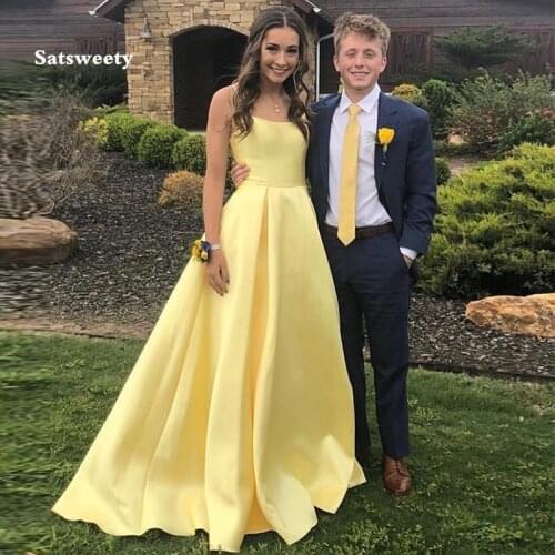 Long Prom Dresses Spaghetti Straps Yellow Satin Simple Formal Women Party Evening Gowns A-Line Vestido De Festa Prom Gowns