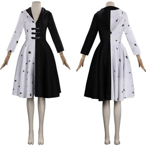 2021 Evil Madame Cruella De Vil Cosplay Costume Adult Women Gown Black White Hoodie Dress Suit Halloween Carnival Costumes