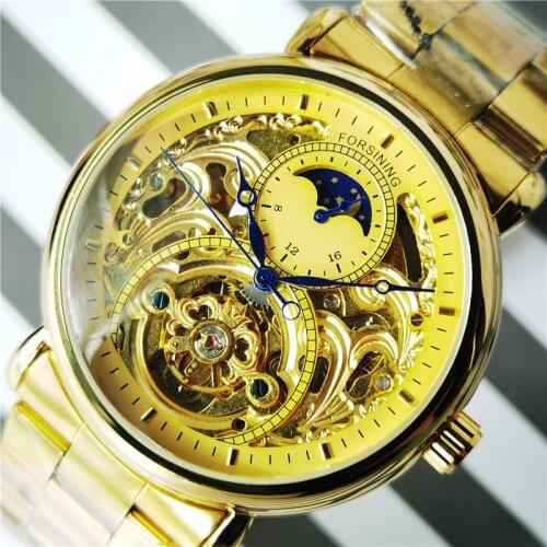 Forsining Business Automatic Mechanical Watch For Men Clock Golden Moon Phase Steel Strap WristWatches Brand Relogio Masculino