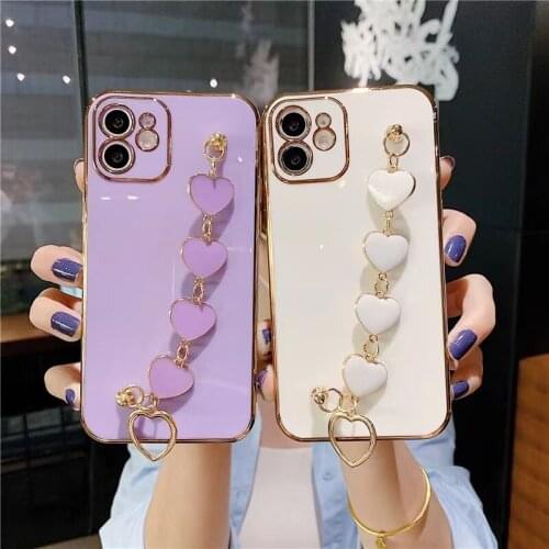 Luxury Plating Candy Love Heart Wristband Phone Case for iPhone 11 12 Pro Max XR XS Max 7 8 Plus Cute Bracelet Soft TPU Cover