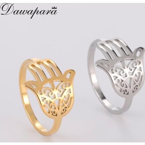 Dawapara Vintage Hamsa Hand of Fatima Protection Good Luck Amulet Ring Stainless Steel Jewelry