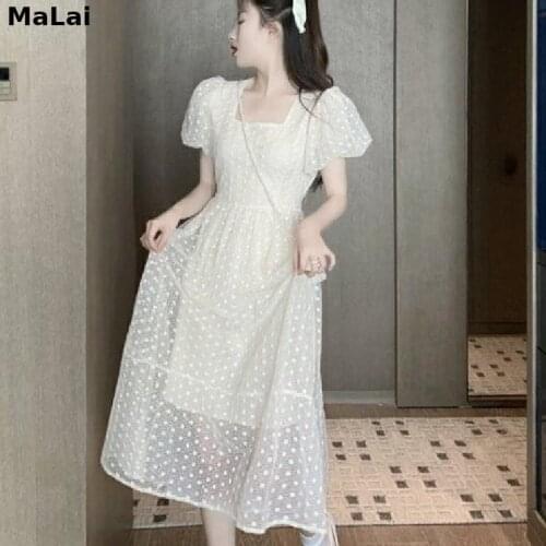 Puff Sleeve Elegant Fairy Dress Women Square Collar Dot Bandage Dress Korean Kawaii 2021 Summer Evening Party One Piece DressES