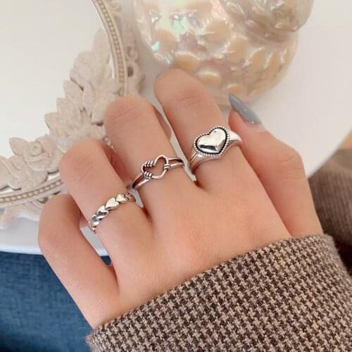 Hip-Hop Tide Cool Personality Heart Shape Retro Ring Ins Fashion Make Old Hollow Open Adjustable Index Finger Ring Women Jewelry