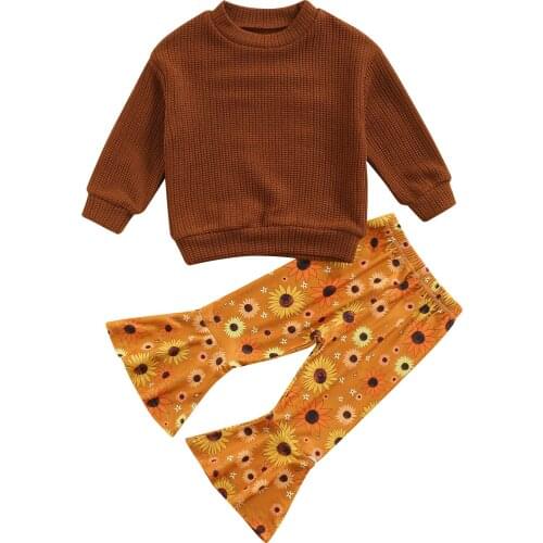 Infant Kids Baby Girls Clothes Set, Solid Color Long Sleeve O-neck Tops+Sunflower Print Flared Trousers 1-6T