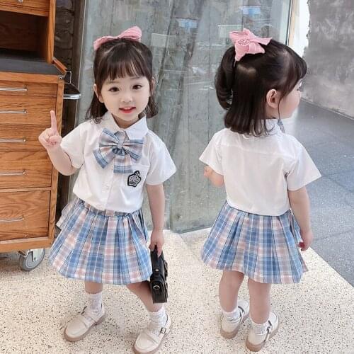 New Summer Girls Sets Short Sleeve Turn-down Collar College Style Childrens Clothing for 0-7 Years Kids Clothes Two Pieces