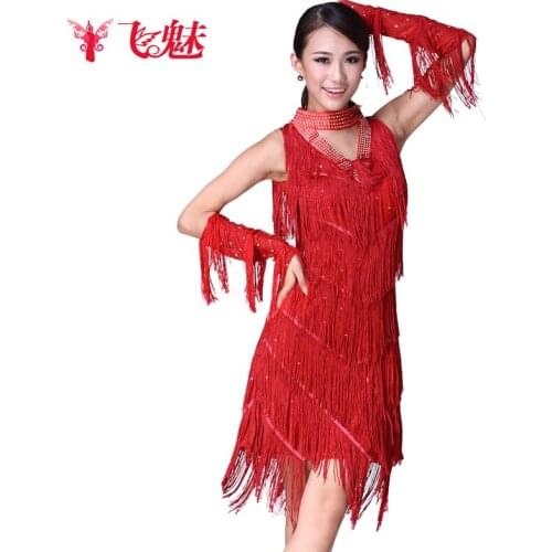 Latin dance costumes Connection necklace Fringed skirt+2*Gloves 3pcs/suit Latin dance Tassels dress