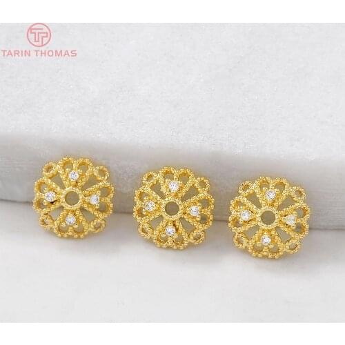 6PCS 10x10MM Hole 1MM 24K Gold Color Brass with Zircon Bead Caps for DIY High Quality Diy Jewelry Accessories