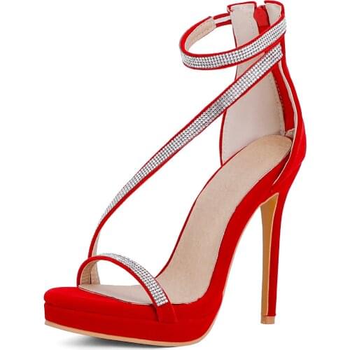 Large Size Summer Heeled Sandals Women Shoes Luxury Crystal Sandals Women Ankle Strap Sexy Red Blue Wedding Party Shoes Lady