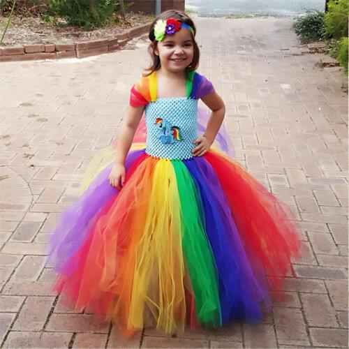 Hot Sell Flower Girls Tutu Dress Little Pony Rainbow Princess Girls Birthday Party Dresses Kids Halloween Cartoon Costume 1-12Y