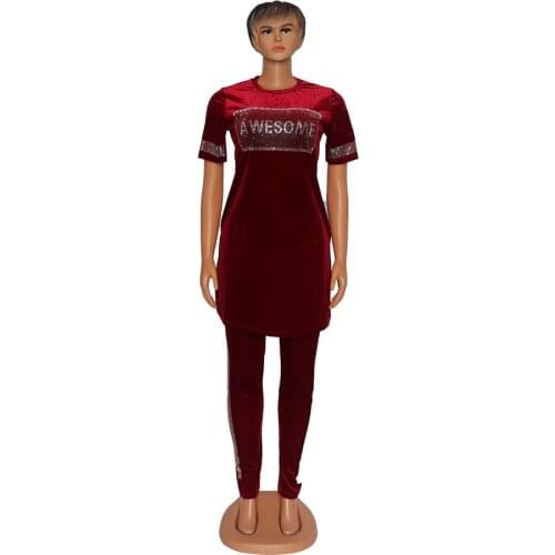 Europe America And Africa Womens Fashion Casual Set 2021 Ironed Diamond Decoration Forked Collar Gold Velet Elastic Fabric