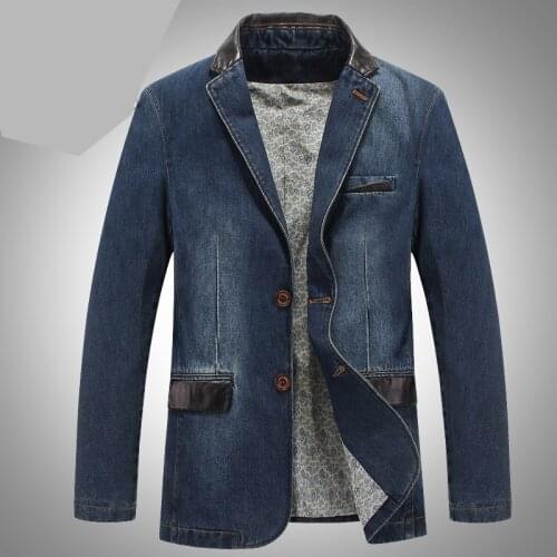 Spring Fall Smart Casual Mens PU Leather Patchwork Slim Fitted Full Sleeve Business Blazer , Male Men Denim Blazers , 4XL Coat