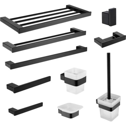 Bathroom Hardware Set Black Robe Hook Towel Rail Bar Rack Shelf Tissue Paper Soap Holder Toothbrush Holder Bathroom Accessories