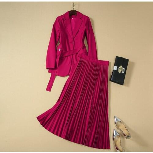New HIGH QUALITY Stylish Fall Winter 2021 Designer Suit Set Womens Lacing Belt Blazer Pleated Skirt Suit