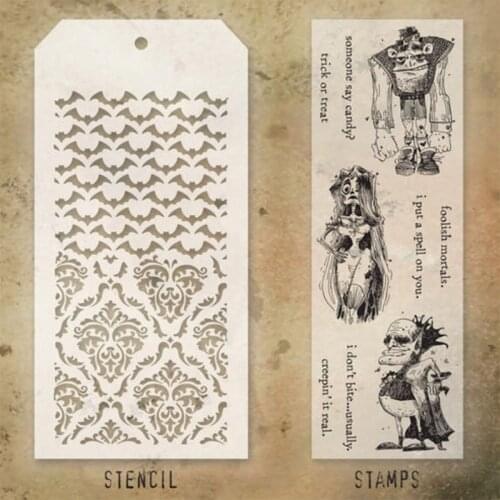 2021 New Halloween Zombie Bat Retro Clear Stamps and Stencil Set For DIY Making Greeting Card Scrapbooking No Metal Cutting Dies