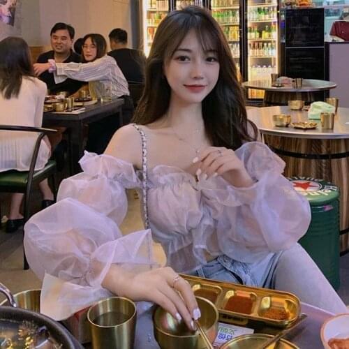 2021 Spring and Autumn New Slim-Fit Long-Sleeved off-Shoulder Shirt Top Niche Sexy Short Chiffon Shirt Womens Clothing