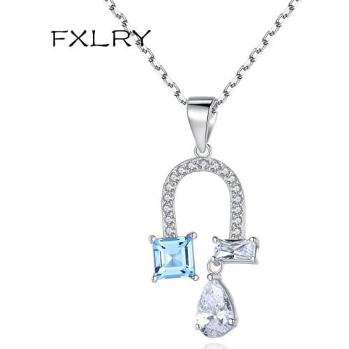 FXLRY Personality Blue Zircon U-Shape Pendant Necklace For Women Clear CZ Charming Jewelry