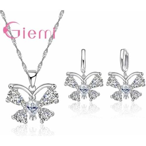 Popular 925 Sterling Silver Pendant Necklace Earrings Set For Women Wedding Party Bright ZirconGirl Engagement Jewelry